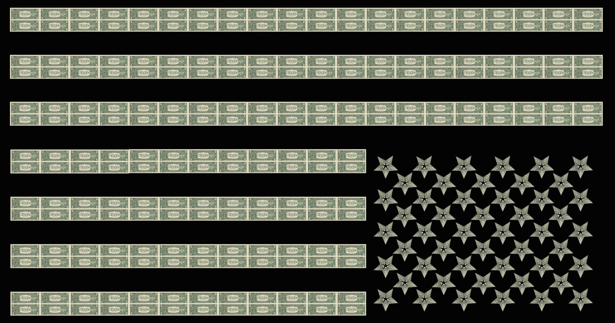 STARS AND STRIPES – 466 x 1 dollar bills folded on black velvet – Elena Montesinos